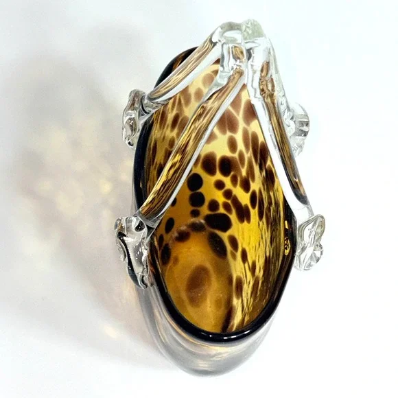 Hand Blown Murano Style Vintage Glass Purse Vase Leopard Spot Amber 7" Art - Picture 4 of 13